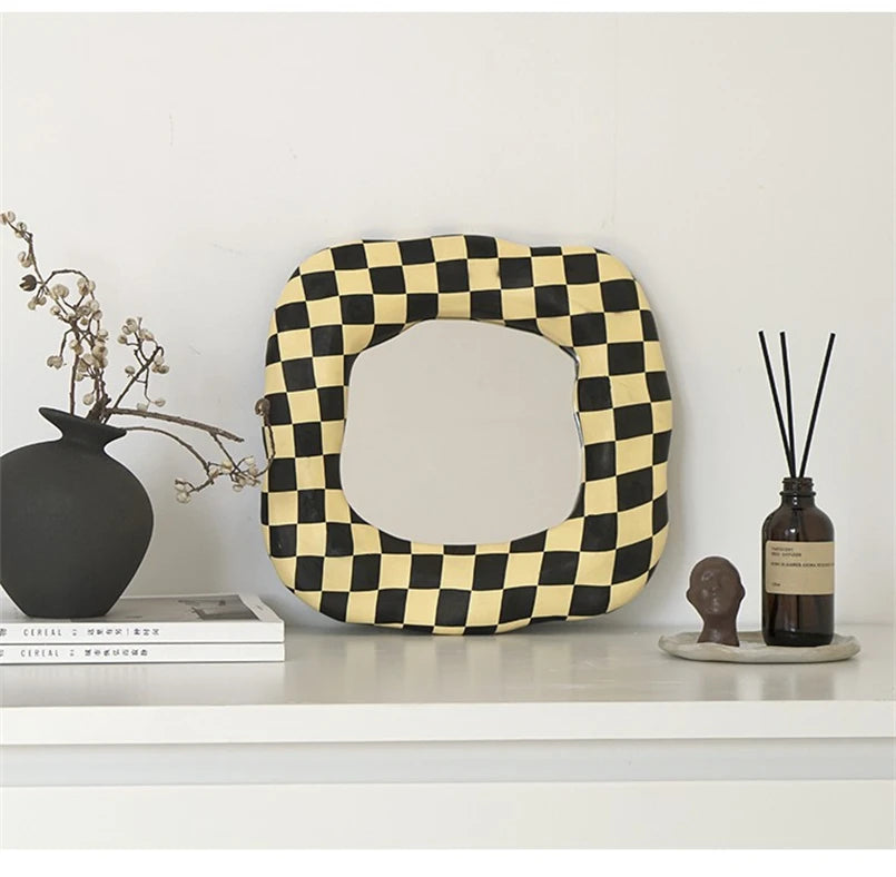 beige checkered print mirror with organic aesthetic